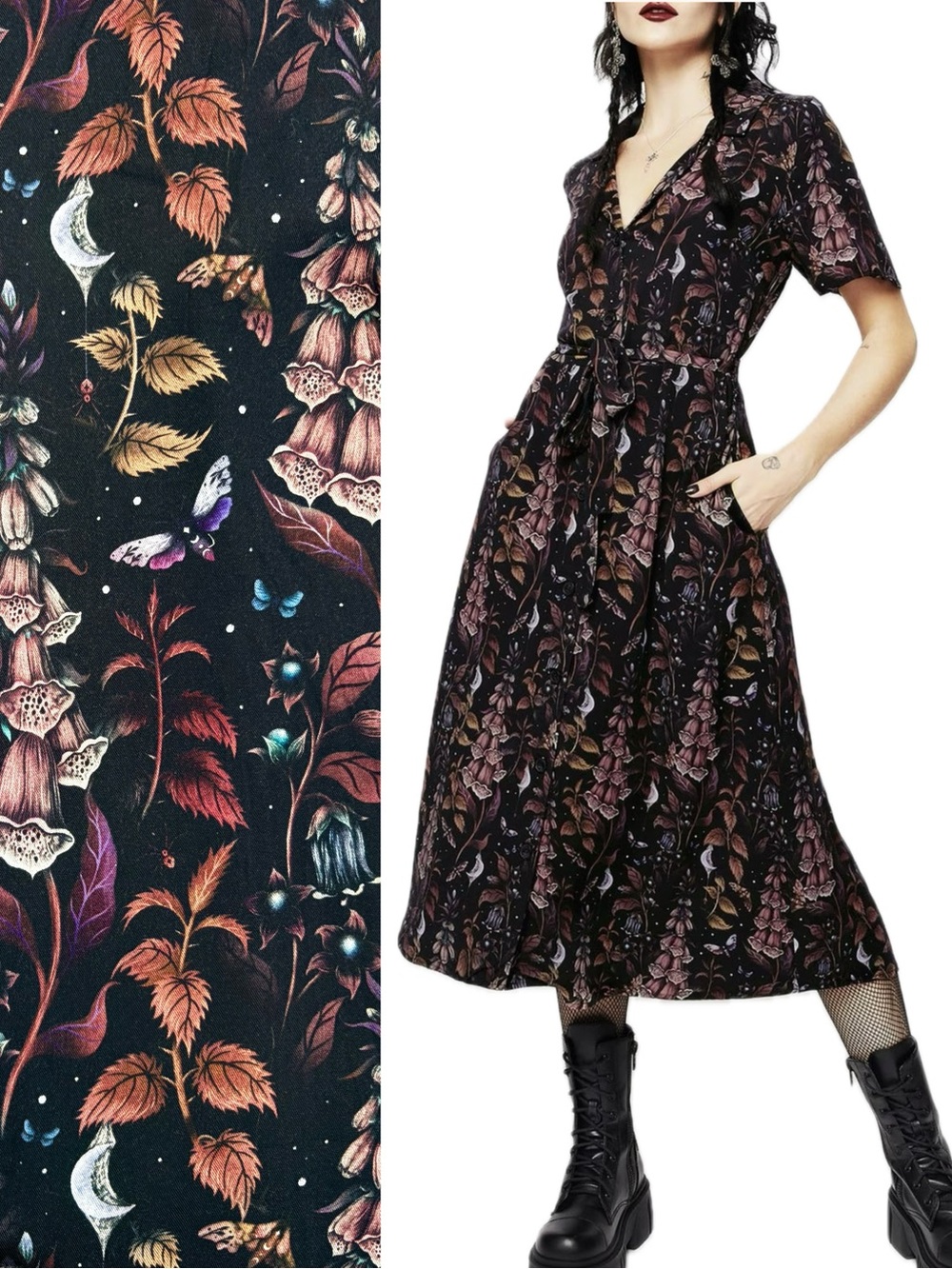 Disturbia Foxglove Midi Shirt Dress Size 8 Dark Floral Woodland Whimsical Print